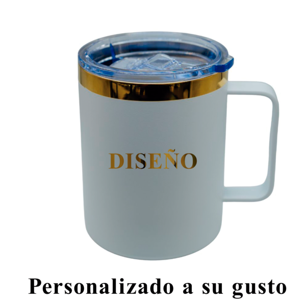 Taza térmica con agarradera acero inox. 12 oz blanco dorado